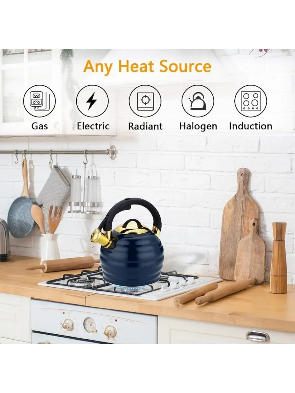 Blue Kitchen Whistling Teakettle 3.2Q Stainless Steel Stovetop Heat Proof Handle
